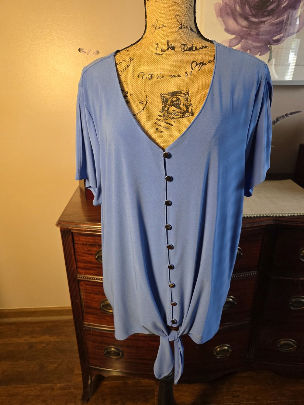 Kim Rogers Periwinkle Button-Front Tie-Hem Top
